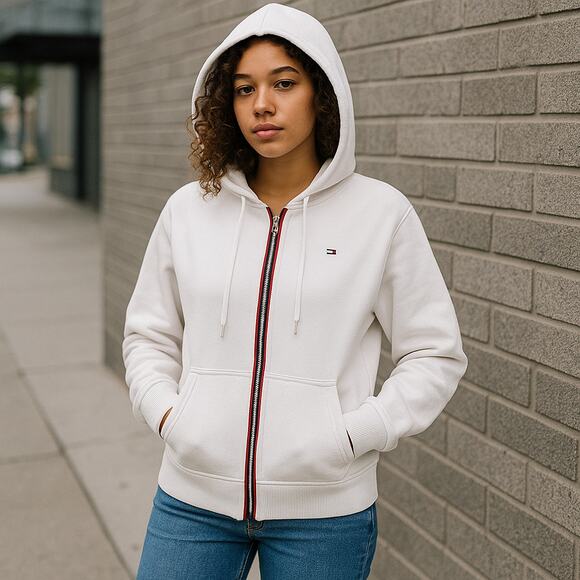 Tommy Hilfiger White Hoodie Petite S Cotton Blend Zip Red Blue Stripe - Picture 1 of 5